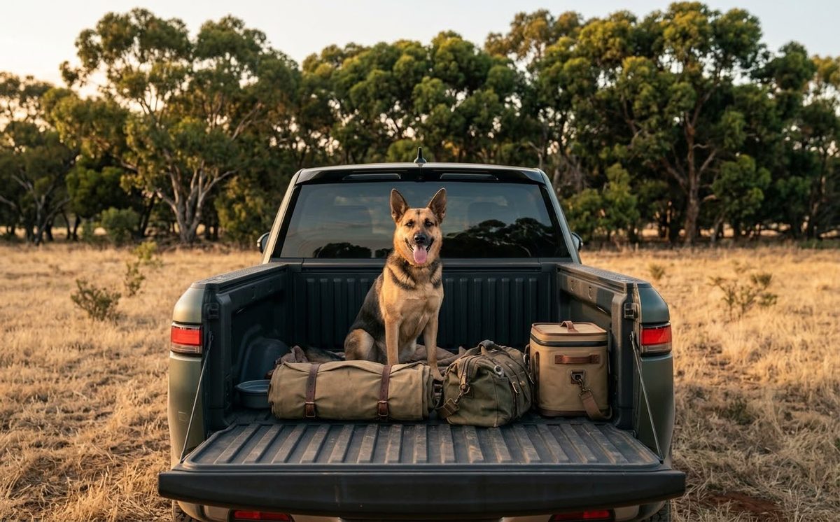 Dog sitting in the tub of a ute beside camping gear